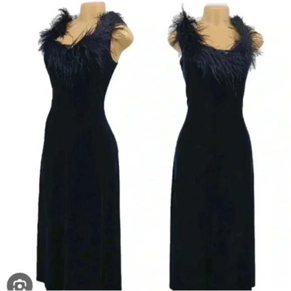 Jeffery and Dara Black Velvet Ostrich  Feather Evening Gown - Picture 1 of 5